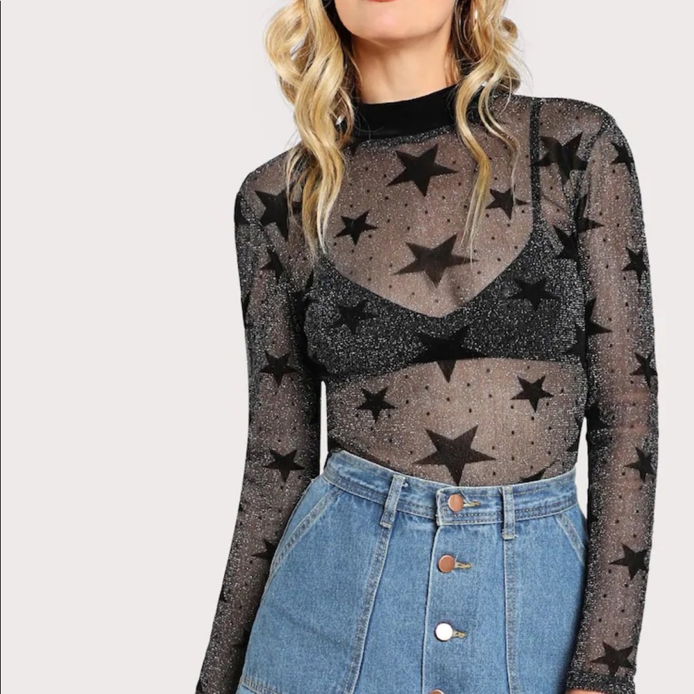Sparkly Long Sleeve Mesh Black Star Top